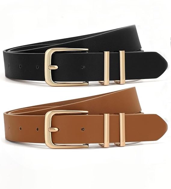 SANNIDHI® 2 Pcs Women Belts For Jeans Dresses Pants Ladies Leather Waist Belt with Gold Buckle SANNIDHI® 2 Pcs Women Belts For Jeans Dresses Pants Ladies Leather Waist Belt with Gold Buckle